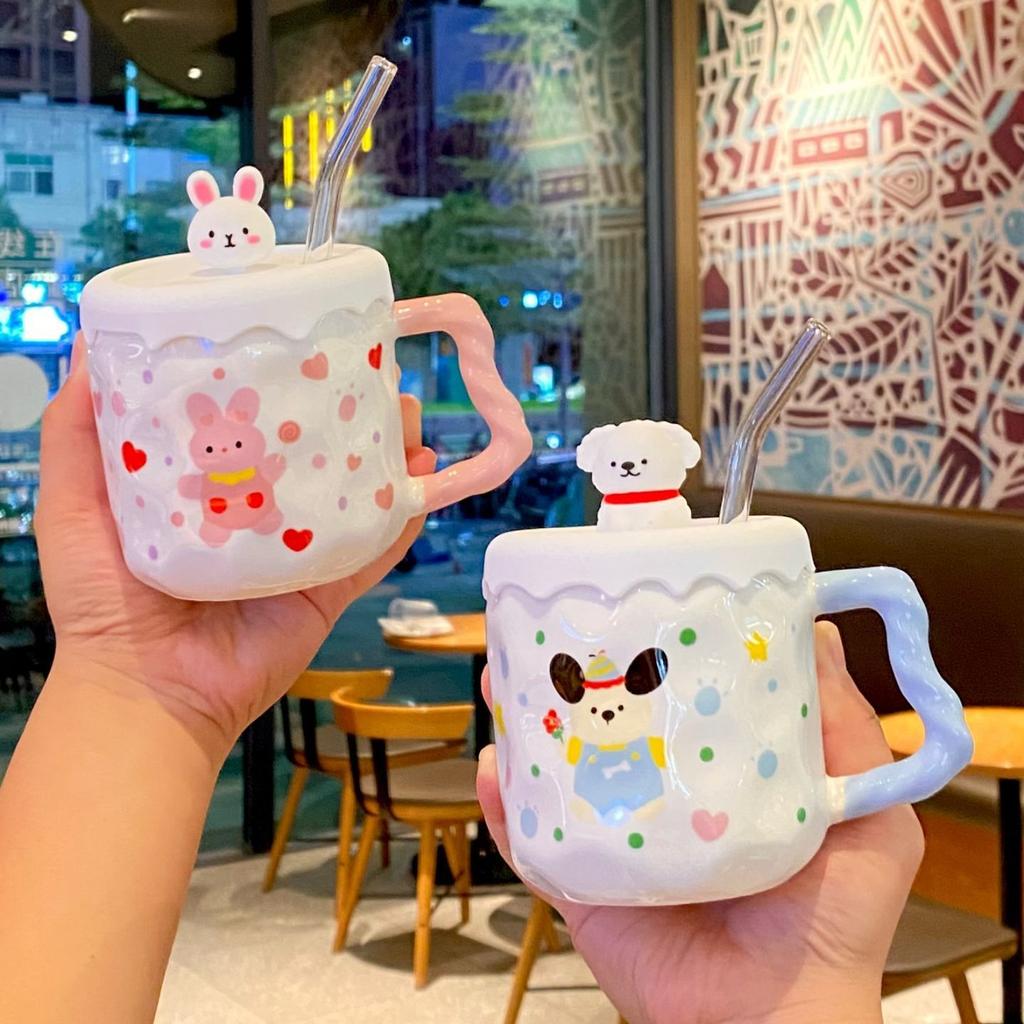 Cute Cartoon Cup Straw Cup Ins Style Mug with Lid Home Gift for Girls Birthday Couple Cup Ceramic Cup