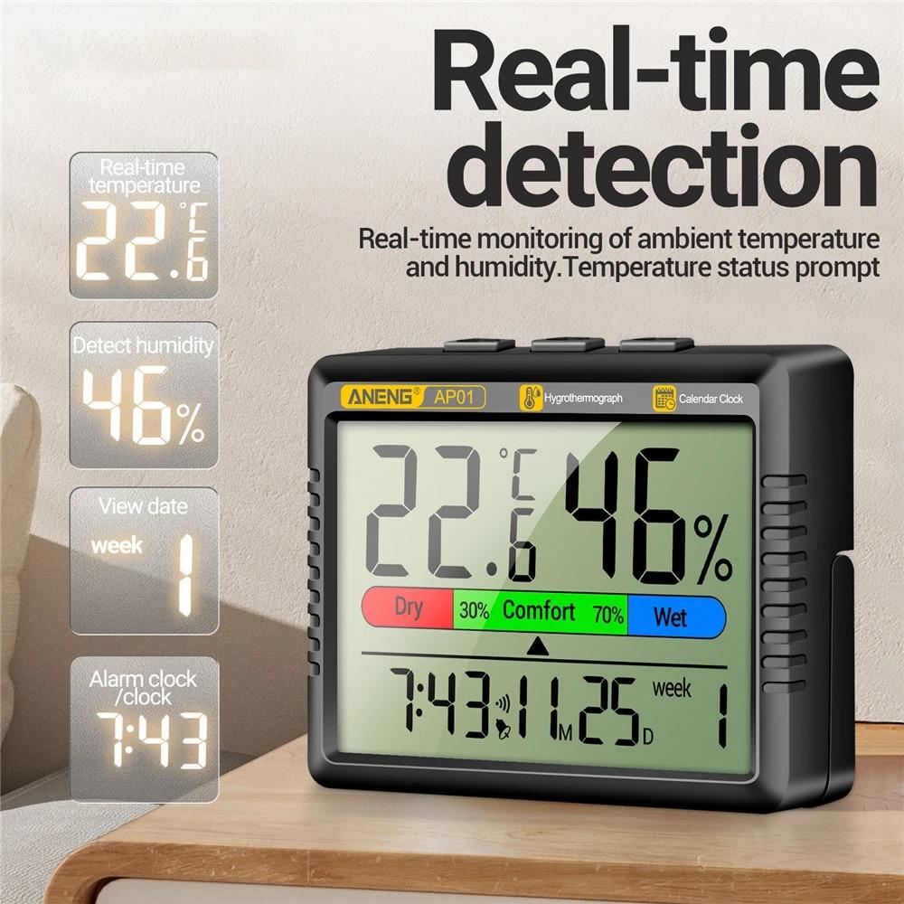 ANENG AP01 Digitale Luchtthermometer Hygrometer Bureau Wekker Mini Tafel Thermohygrometer Met High Definition Scherm