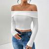 Ladies Spring Autumn Long Sleeve Boat Neck Solid Color Pleated Bodycon Pullover Casual T Shirt Top