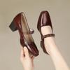 Top Layer Cowhide Women's Shoes Spring Versatile New Retro Square Toe Shallow Mouth Thick Heel Middle Order Shoes Mary Jane Commuting Shoes Women