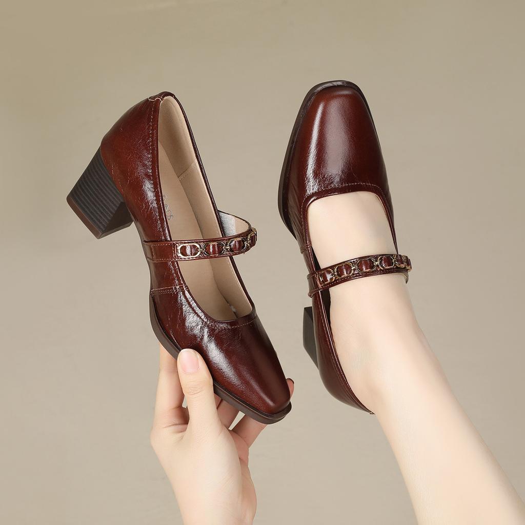 Top Layer Cowhide Women's Shoes Spring Versatile New Retro Square Toe Shallow Mouth Thick Heel Middle Order Shoes Mary Jane Commuting Shoes Women