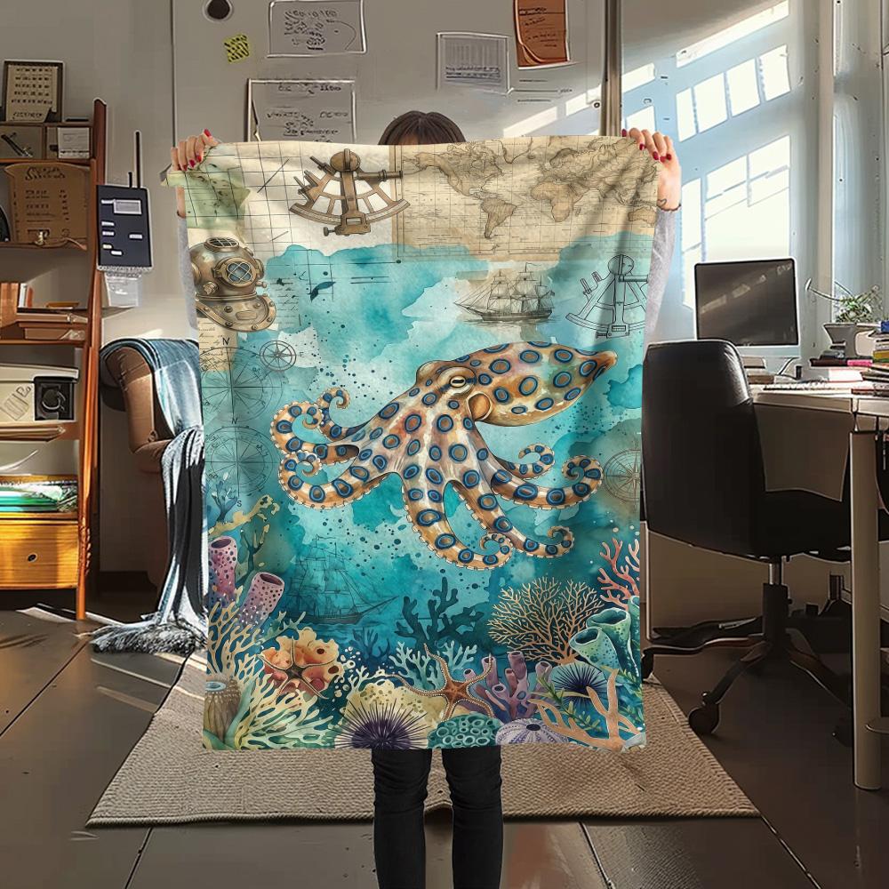 1PC Marine Animals  Print FlAannel Blanket, High Quality Comfortable for All Seasons, Home Decor, Warmth and Comfort