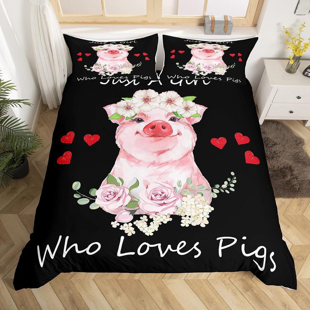 Pig Duvet Cover Set Cute Cartoon Pig Pattern Polyester Comforter Cover With Pillowcase King Queen Size For Kids Girl Bedding Set