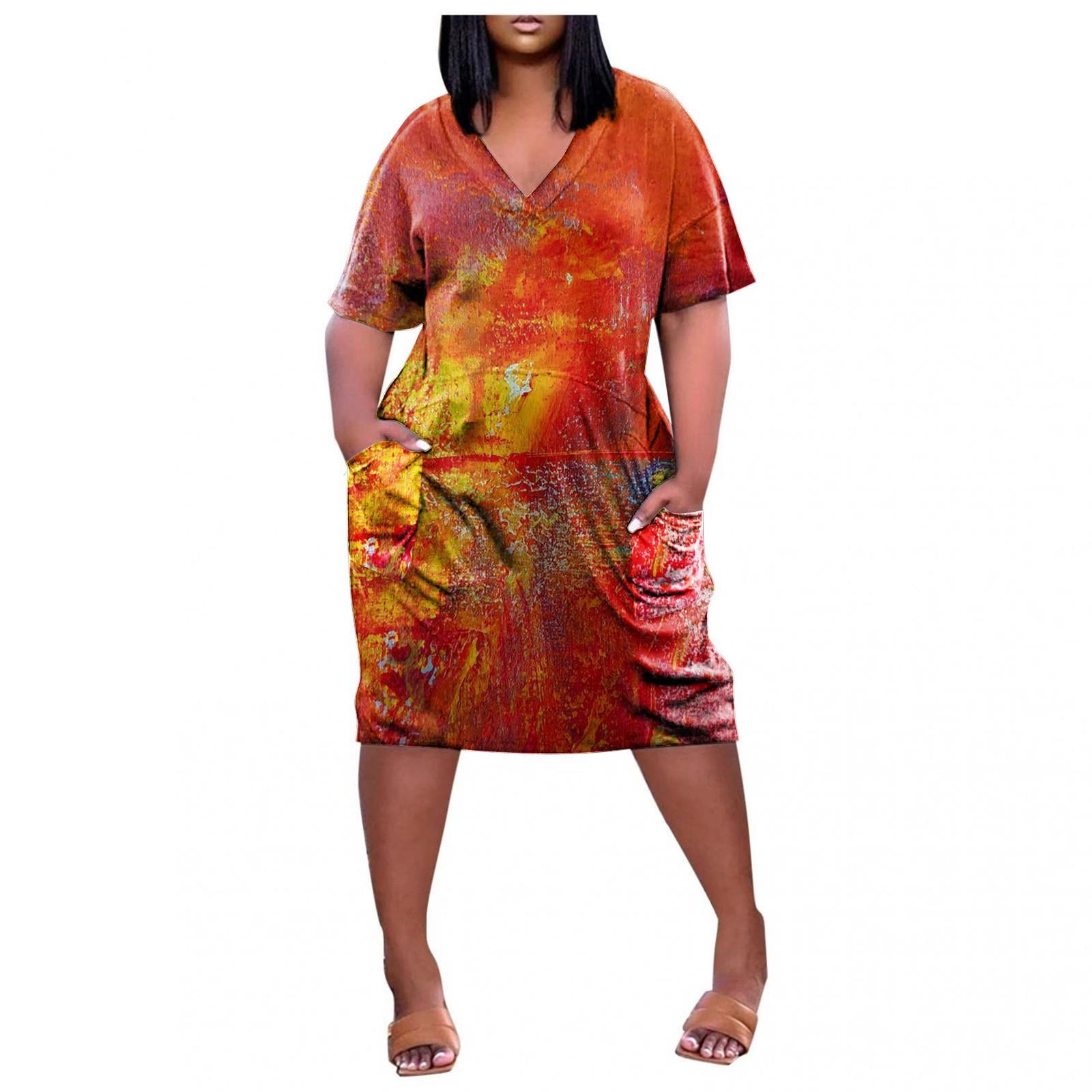 

Женское летнее повседневное платье больших размеров с V-образным вырезом и коротким рукавом с карманом до колена XL оранжевый