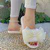 Casual Slippers Women Flat Low Heels Warm Plush Shoes for Women Solid Fur Butterfly Knot Pearl Slip On Winter Slides Plus Size