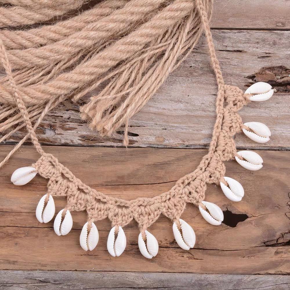 Simplicity Rope Shell Hand Woven Seashell Beach Necklaces Bohemian Style Handmade Rope Choker хаки