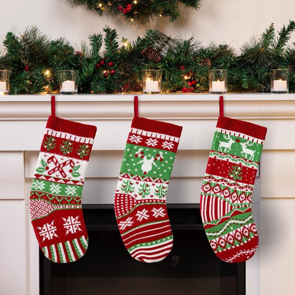 JOYFY 3 Pack 18” Christmas Stockings Large Size Rustic Cable Knit Xmas Stocking in Red & Green for Family Holiday Decorations