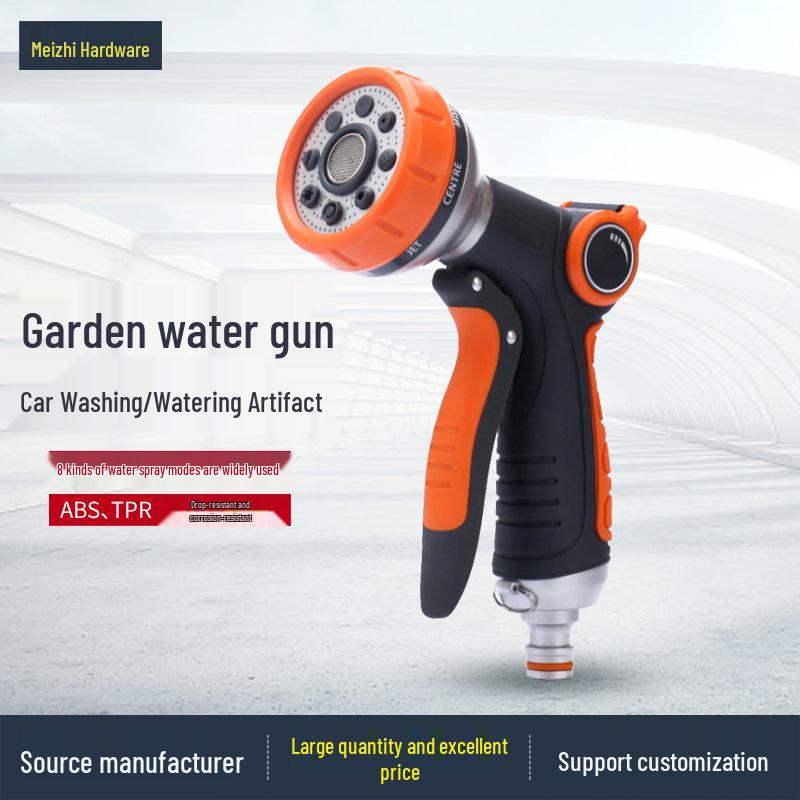 8-Function Adjustable Rubberized Water Spray Sprinkler with Thumb Valve for Garden Irrigation & High Pressure Car Wash. 8-Function Thumb Control Water Gun