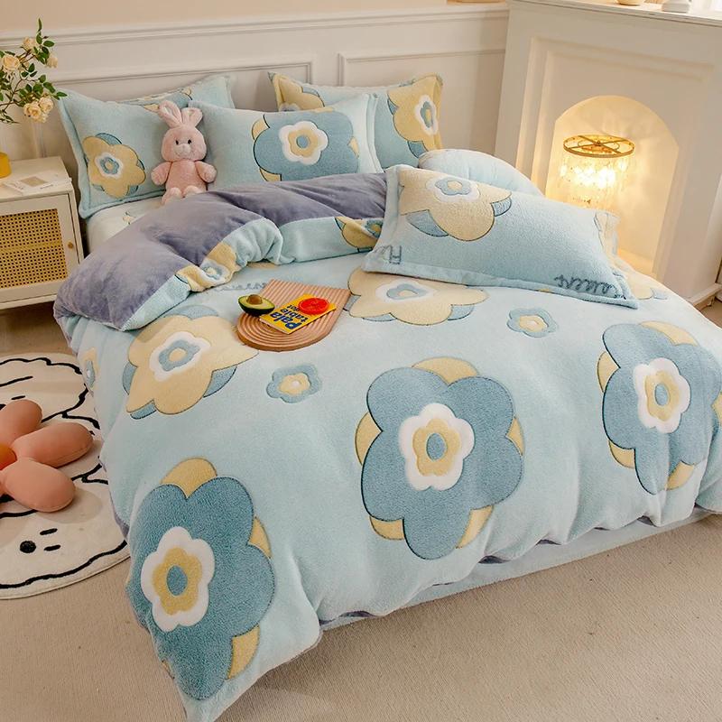Winter Antistatic Thick Warm Duvet Cover Microfiber Quilt Cover Coral Fleece Queen King Size Double Sided Velvet Bedding Set