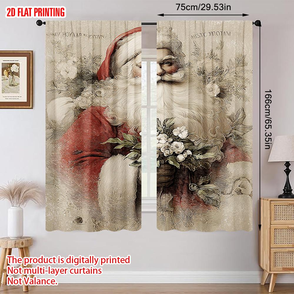 2pcs   plane printing Popular Curtains Vibrant Santa with Holly & Berries Polyester Woven (without rod) Room Decor for Bedroom