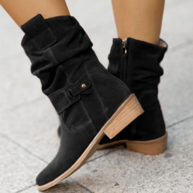 Stivaletti da Donna Autunno e Inverno Nuovo Stile Europeo Americano 34-43 Punta Tonda Tacco Basso Scamosciato Gambale Basso Stivali da Donna