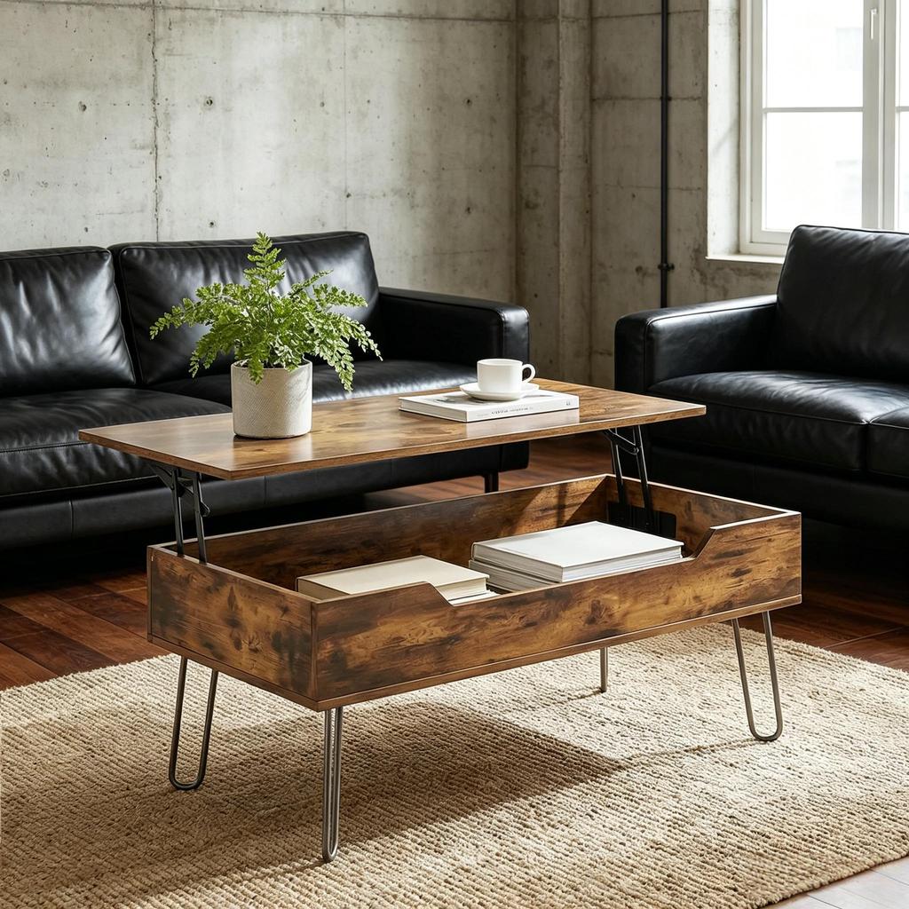 Rectangular Wooden Coffee Table with Large Hidden Storage Area, Height-Adjustable