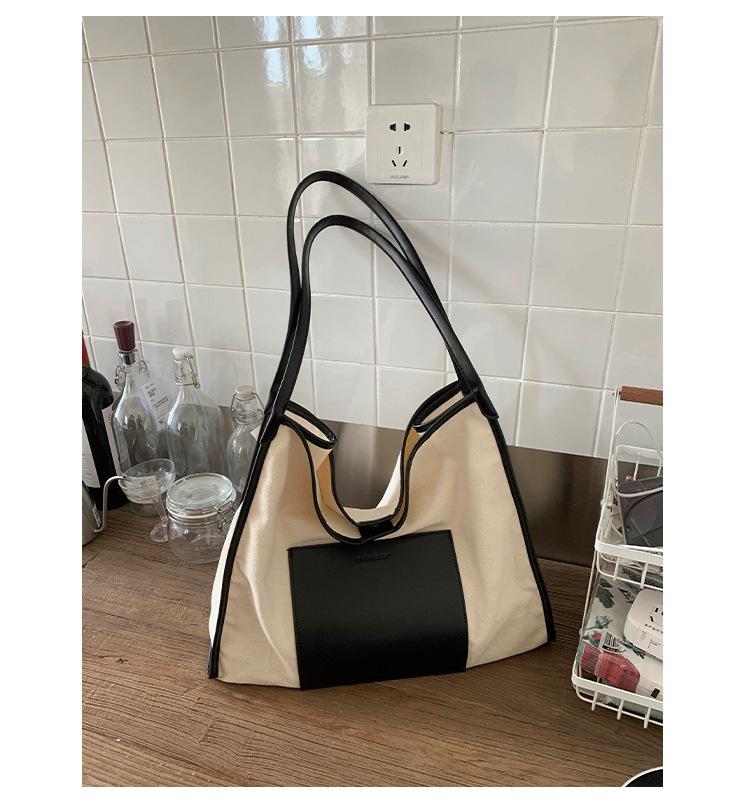 Fashion Retro Splicing Tote Bag Women's 2025 New Large-capacity Canvas Shoulder Bag Casual Commuter Armpit Bag