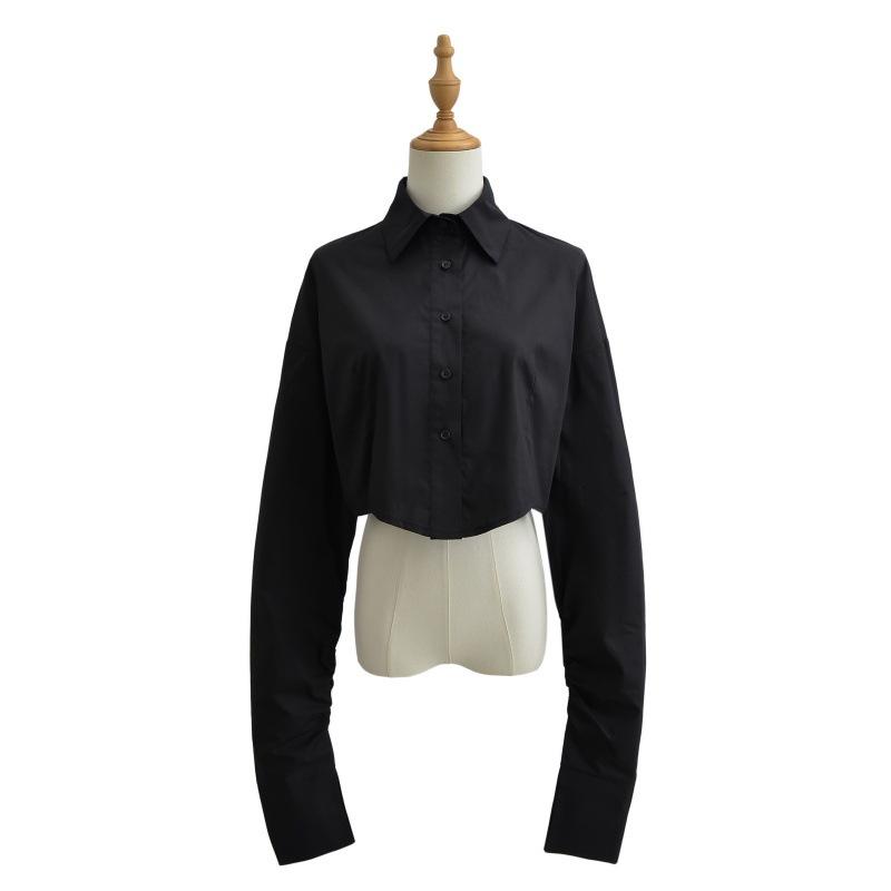 Long Sleeved Solid Color Shirt Trendy European And American Style Women'S Clothing Single Breasted Short Shirt Top