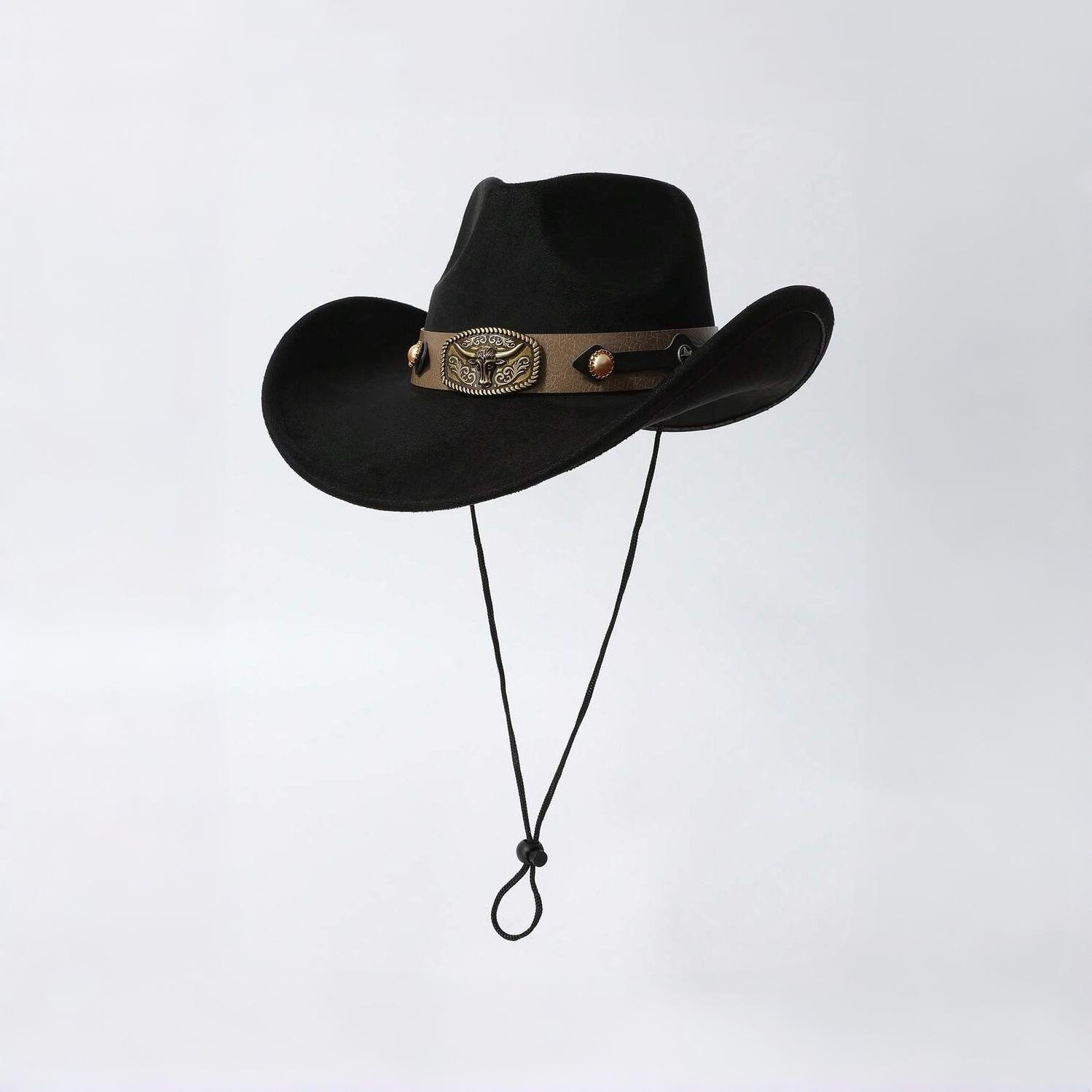 

Western retro cowboy hat, outdoor faux suede wide-brimmed hat with metal carving, windproof and sun-protective riding hat Average Size чёрный