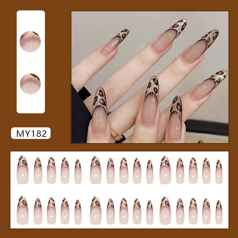 BEPAN 24pcs French Cat Eye Leopard Print Press on Nails Simple Short Nails Full Cover Wearable False Nails