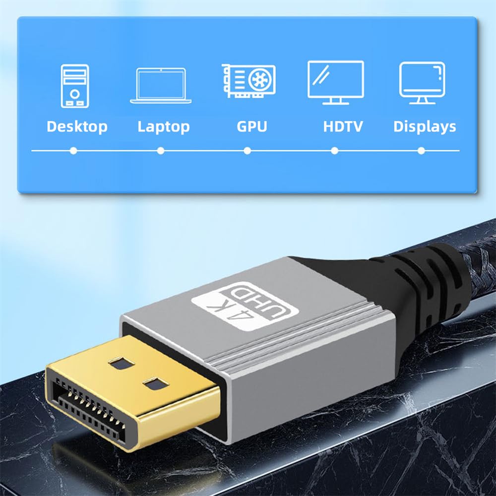 NFHK 2M Abgewinkelt DisplayPort DP zu DP 4K Silber Ultra HD UHD 90 für und Grafikkarten Kabel, 60Hz, Gesleevt, Grad, Desktops, Laptops, Monitore,