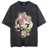 Women'S Vintage Anime Print Acid-Washed T-Shirt Washed Cotton Short-Sleeved Streetwear Top Manga Fashion Oversized T Shirt