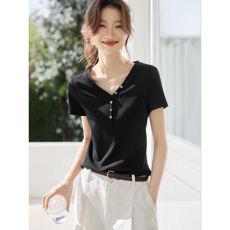 Mohan Yimei Women's V-Neck Short Sleeve Button-Detail Shirt