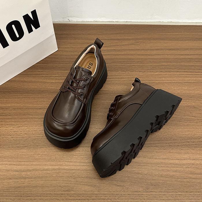 

Корейская версия ретро британского стиля маффин платформа маленькие кожаные туфли женские 2025 осень новые универсальные юбка шнуровка одинарные туфли 39 коричневый