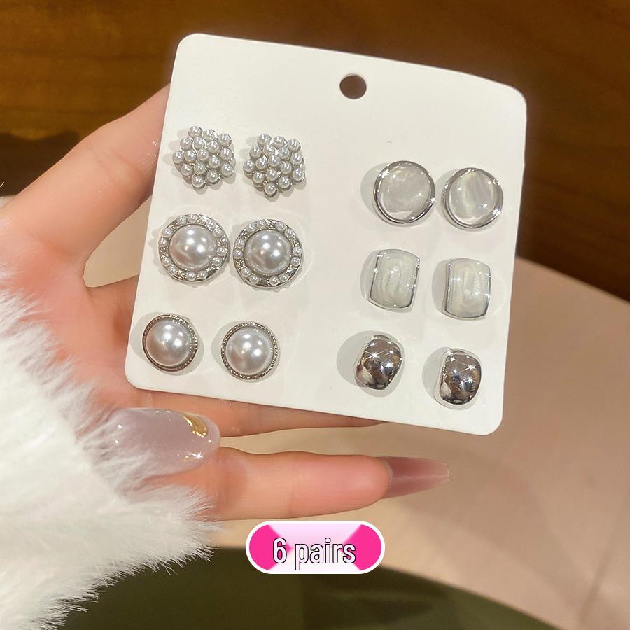 

12-Piece Vintage Silver Needle Faux Pearl Geometric Stud Earrings Set - Stylish, High-End Jewelry for Women