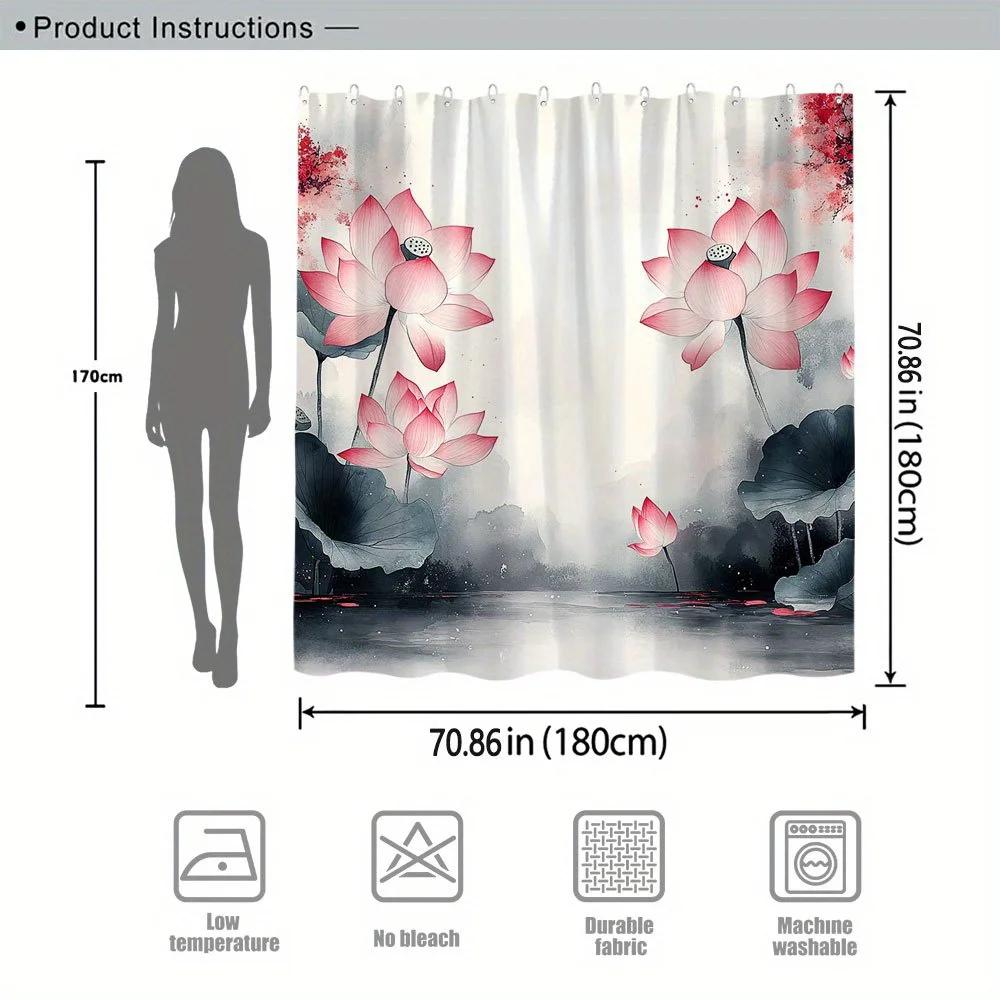 Tranquil Pink Lotus Watercolor Shower Curtain - Serene East Asian Design, Misty Landscape, 12 Hooks, Calming Bath Decor