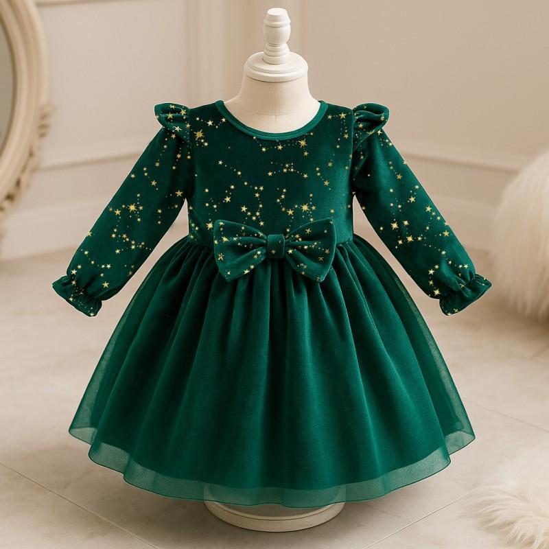 Girls Long Sleeve Velvet Dress Star Print Princess Style 3-8 Years Old Kids