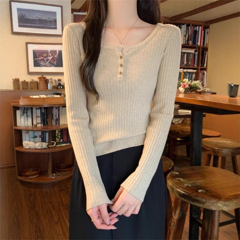 Design Sense One-word Shoulder Lapel Long-sleeved Knitted Sweater Women's Inner Slim-fitting Sweet and Spicy Bottom Sweater Outer Top