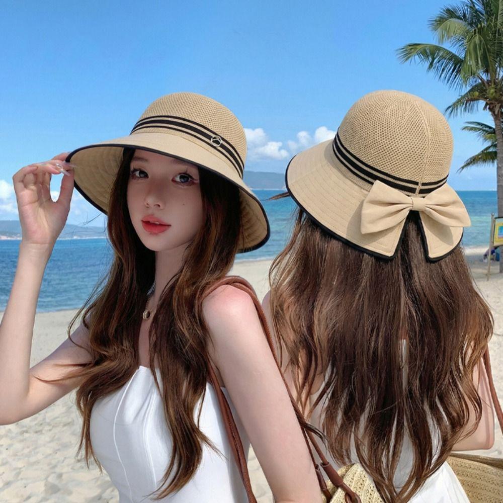 Weave Bow Fisherman Hat Large Bow Sunscreen Bucket Hat Sweet Women Sun Hat  Summer