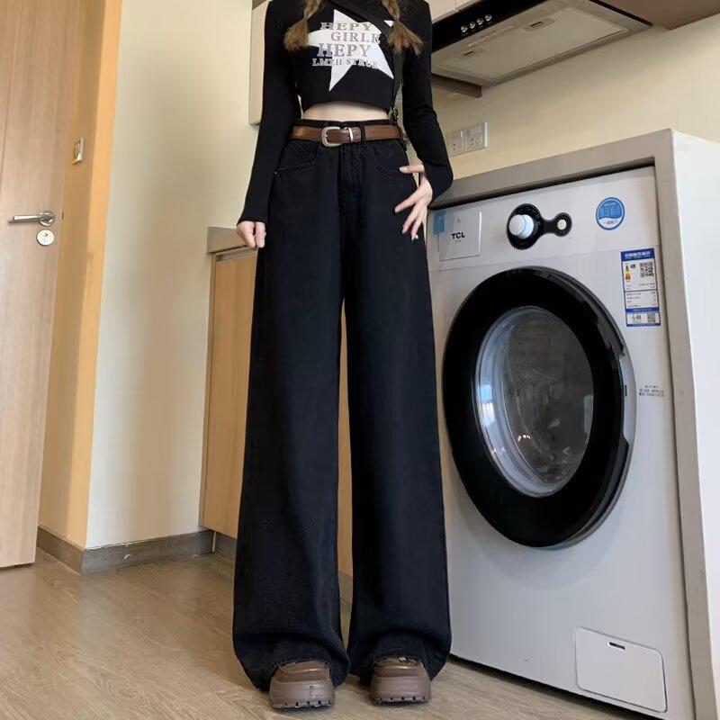 

Женские черные джинсы с широкими штанинами на высокой посадке с флисовой подкладкой - Осень/Зима 2024 Свободные облегающие брюки прямого кроя 2XL