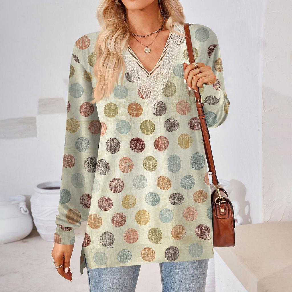 Womens Tops Loose V-neck Contrast Color Split Loose Long Sleeve T-shirt Women's Tops