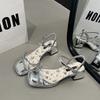 French Fairy Style Bow Word with High-heeled Sandals Female 2025 Summer New Floral Small Fresh Open-toed Sandals