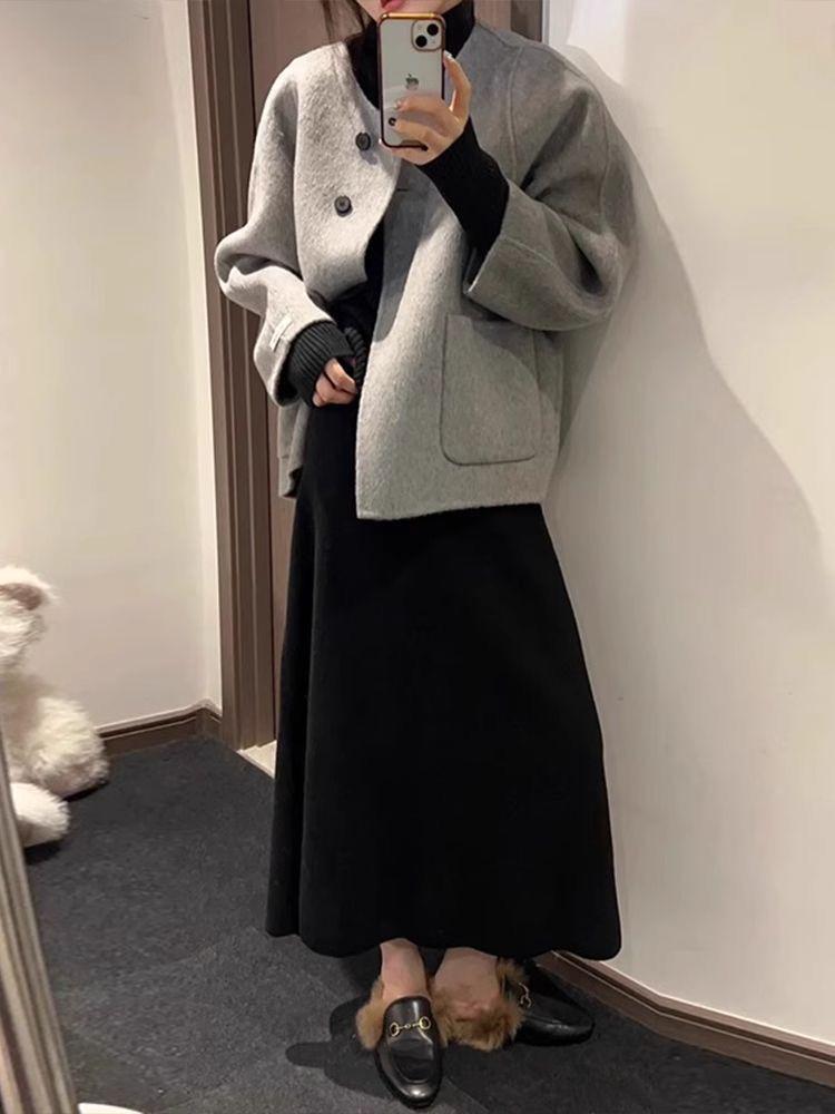 Plus Size Women's Grey Wool Overcoat - Korean Style Petite High-End Autumn/Winter Short Coat