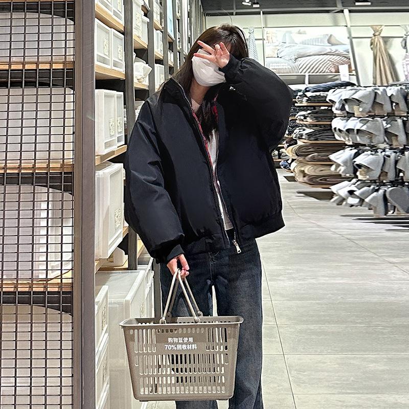 

Носите утолщенную зимнюю куртку двусторонней носки, клетчатый хлопковый костюм со стойкой, женскую 2025 американскую повседневную модную брендовую ретро свободную хлопковую куртку S чёрный