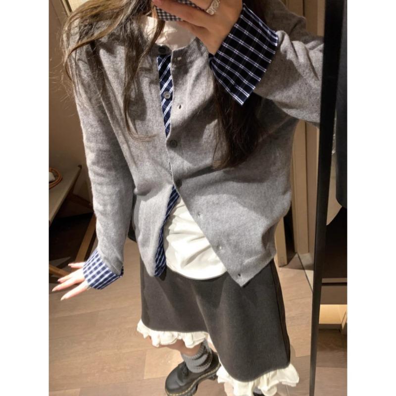 Design sense splicing plaid sweater women's spring new large size wear thin round neck knitted cardigan
