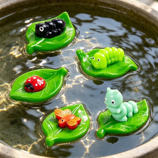 5 Pcs Mini Green Leaf Insect Figurine Tiny Ladybug Bee Worm Ornament for Car Interior Office Desk Decor Fairy Garden Micro Landscape