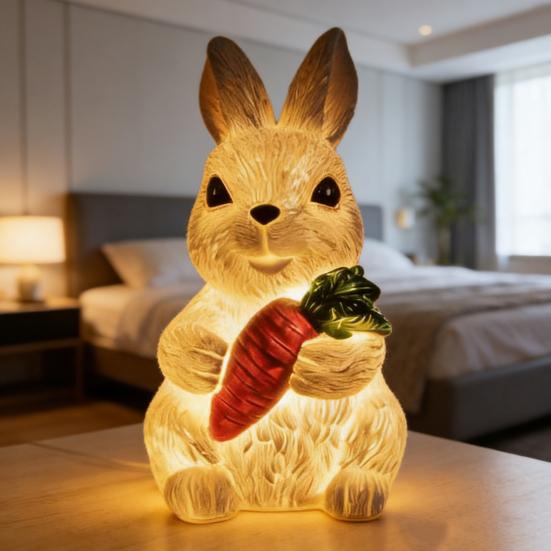 Resin Bunny Figurine Light Up Bunny Holding Carrot Statue Easter Rabbit Sculpture for Spring Farmhouse Home Table Decor