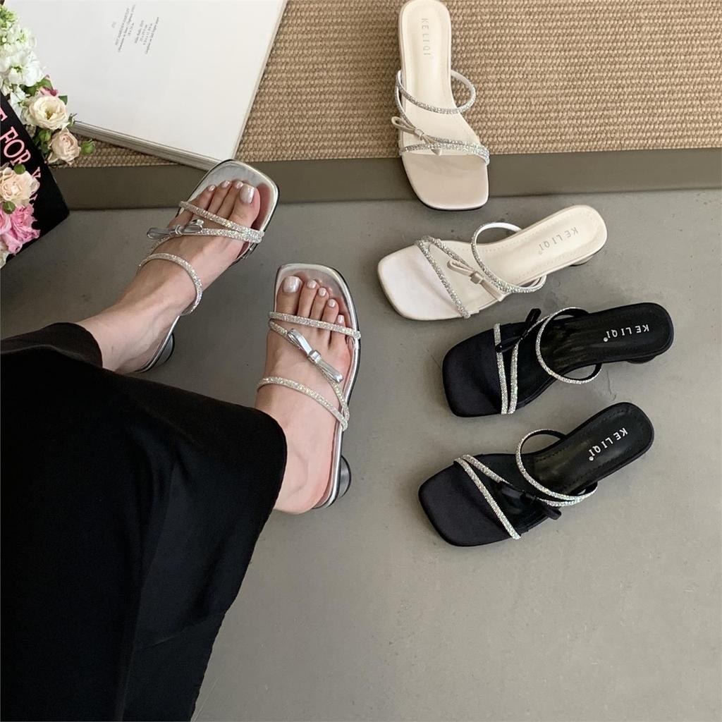 Fashion Slippers Women Summer Shoes Slides Jelly Flip Flops Fashion Square Heel Glitter Luxury Block Scandals Crystal Glitter Slides Sho