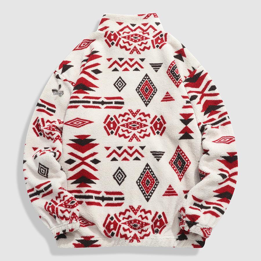 Europese Maat Koreaanse Chic Winter Retro Etnisch Geometrisch Print Casual Lange Mouw Rits Top