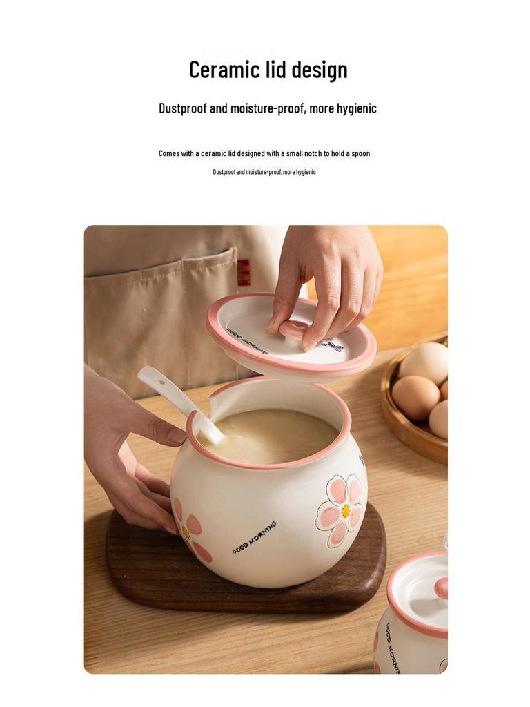Japanese Ceramic Seasoning Jar with Lid and Spoon - Cute, High-Temperature Resistant Storage for Your Kitchen