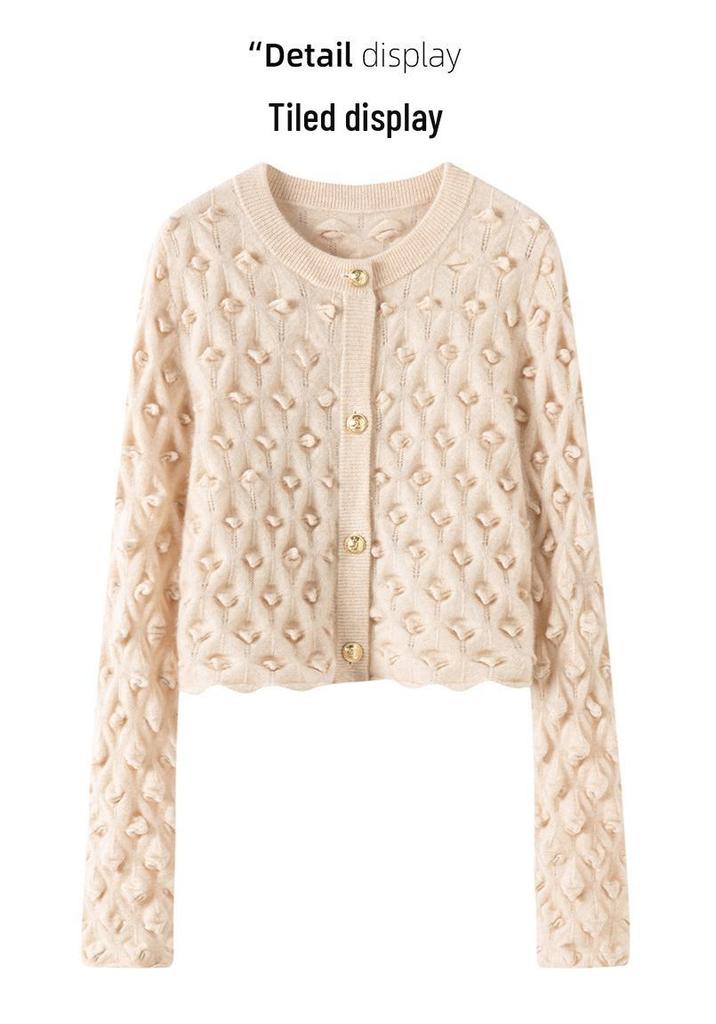 Lightweight & Chic: Autumn/Winter 12-Gauge Cashmere Round Neck Hollow Knit Cardigan with Raised Dots