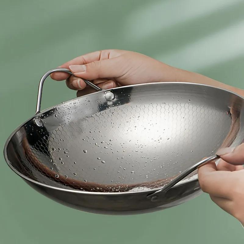1Pcs 29cm/11inch Stainless Steel Frying Pan Honeycomb Skillet Non-Stick With Handle Scratch-Resistant Cooking Pastas Steak Ramen