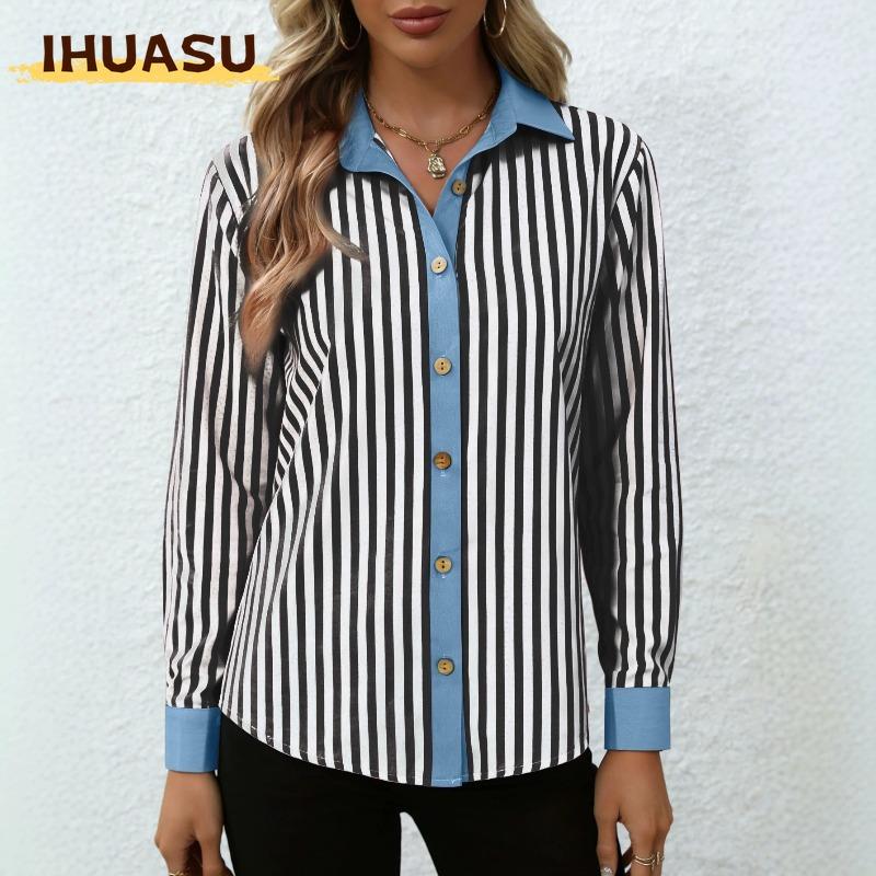 IHUASU Women's Fashion Casual Long Sleeve POLO Neck Blouses & Shirts