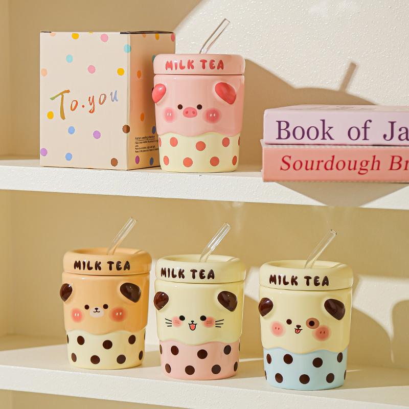 Cute Mug Couple Straw Cup with Lid Cup Gift Box Ceramic Cup Souvenir Birthday Gift Girl Practical