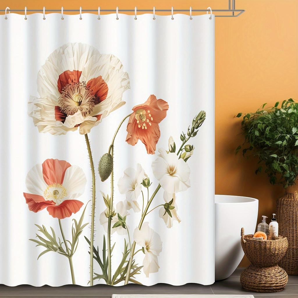 1pc Nordic Flower Shower Curtain - Large Floral Print, Simple & Stylish, 72x72", 12 Hooks, for Hotel & Bathrooms