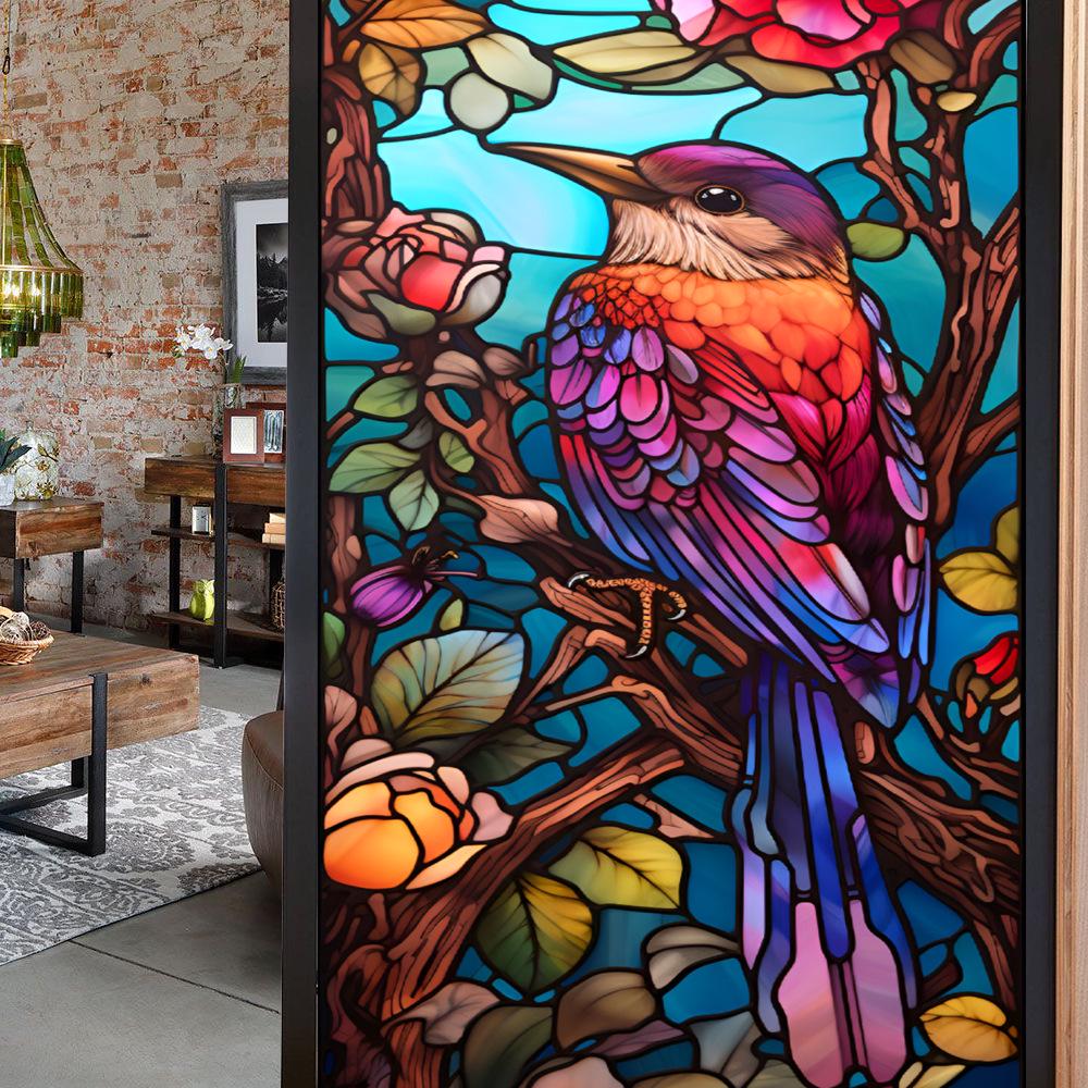 Colorful Retro Floral & Bird Static Cling Window Film - No Glue, Removable