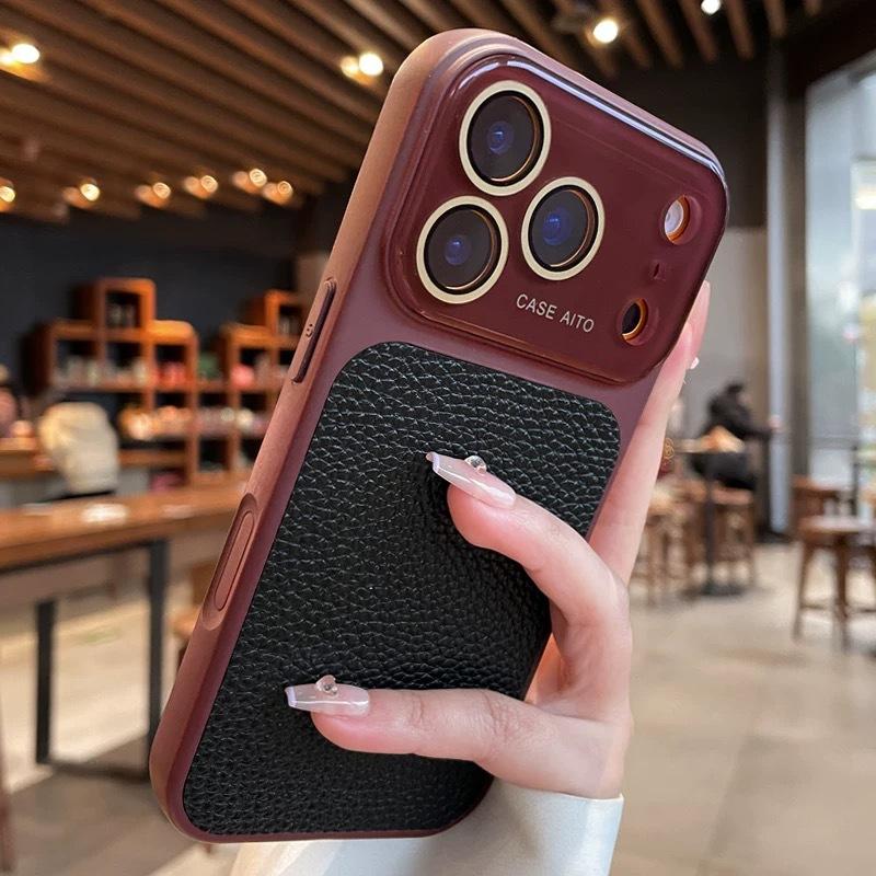 Applicable To iPhone17PRO Lens Large Window Lychee Leather Pattern Mobile Phone Case Apple 15 Business Case Lychee Pattern