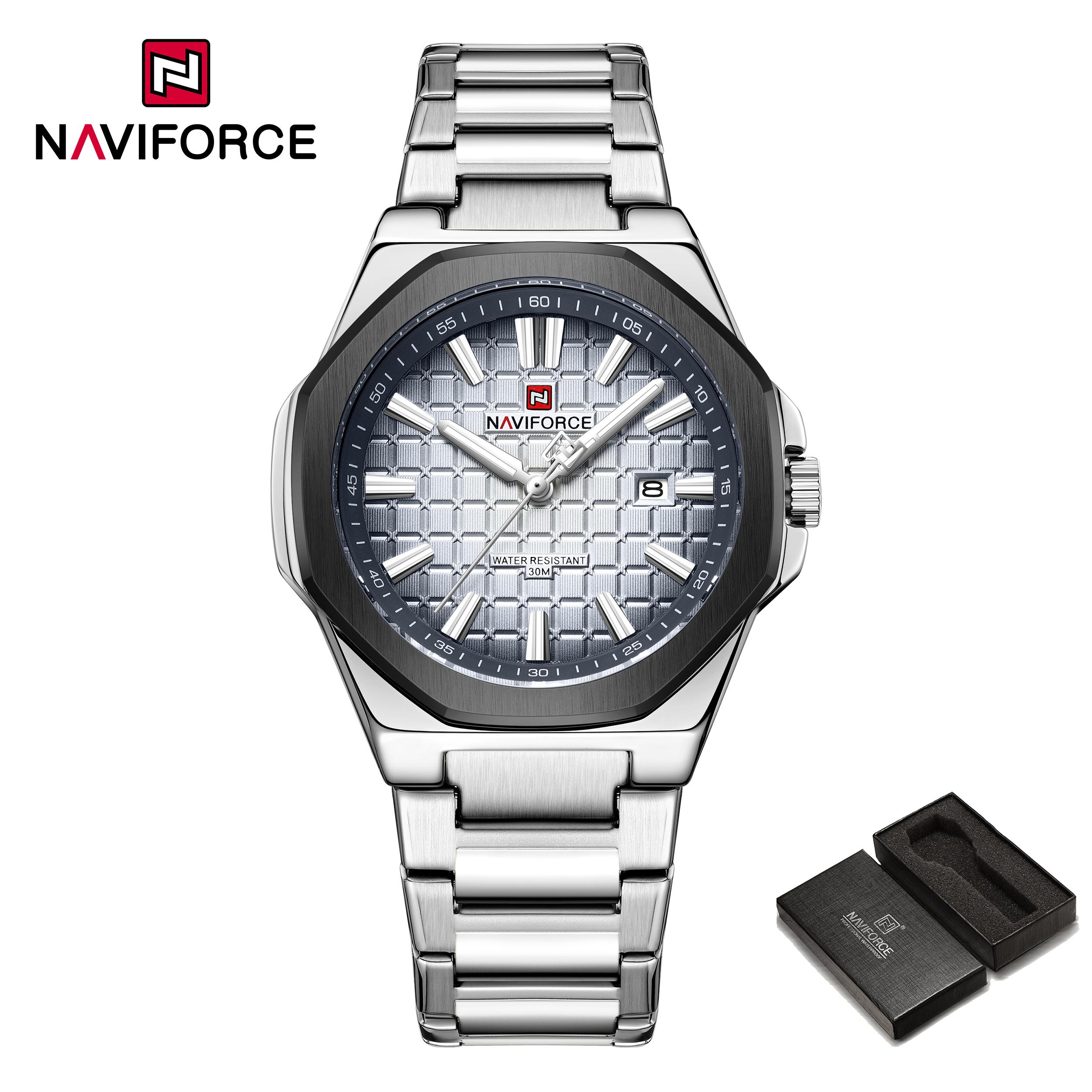 

Оригинальные простые кварцевые часы-календарь NAVIFORCE для мужчин, водонепроницаемые, со светящимися стрелками, ремешком из нержавеющей стали, мужские повседневные деловые часы NF9258 серебряный/белый