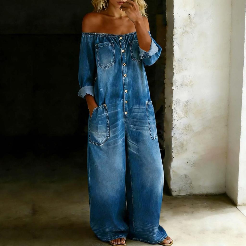Macacão Feminino Ombro a Ombro Botões Frontais Estilo Jeans Lavado Perna Larga Peça Única