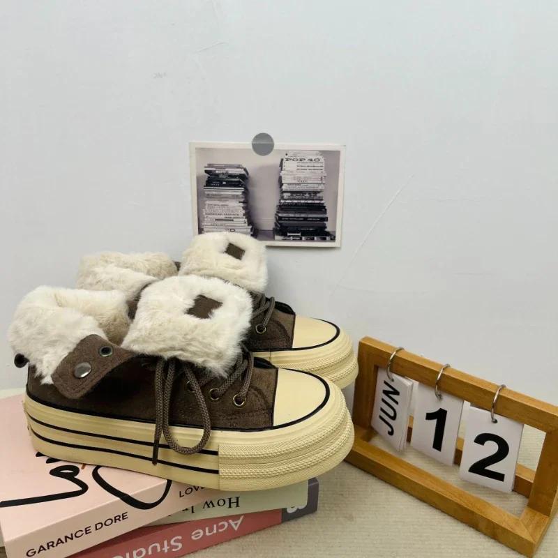 Women Shoes Winter Plush Warm Cotton Shoes Classic High Top Canvas Oes Winter Sneakers for Women Lace Up Platform Vulcanize Shoe